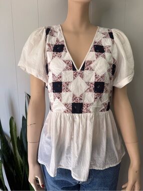 Madewell White Tunic Top with Navy and Burgundy Patchwork